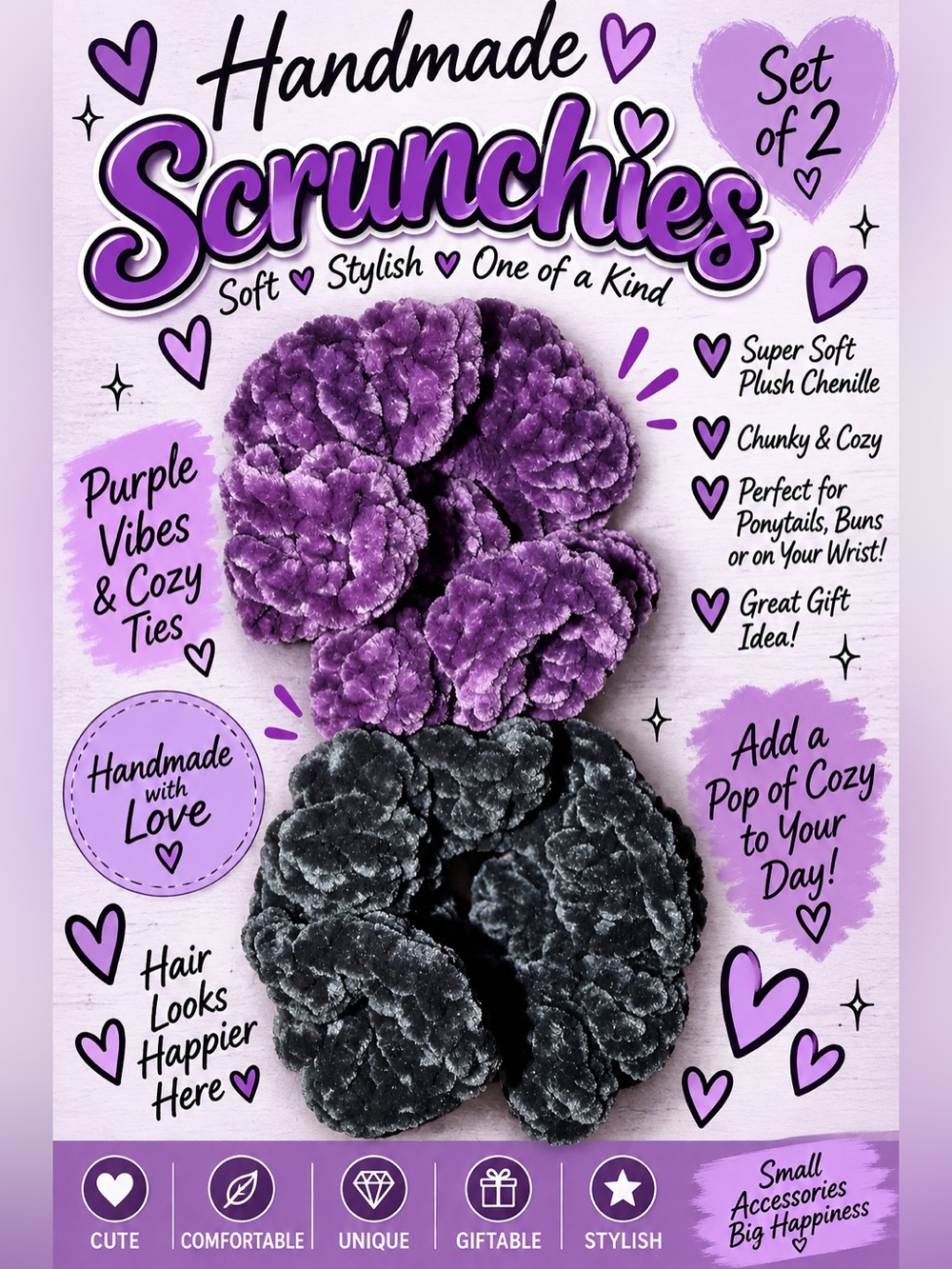 Handmade Plush Chenille Scrunchies Set of 2 Purple Charcoal Chunky